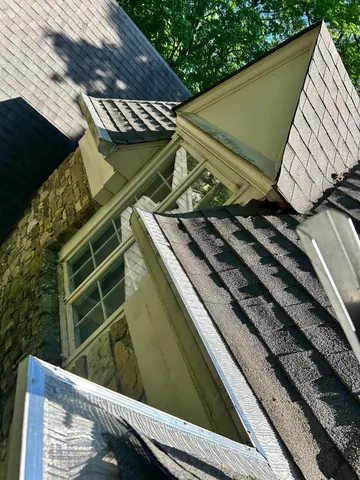 Gutter and downspout beside a lower roof